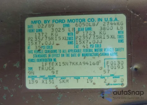 1989 Ford F150 from USA, damaged, VIN 1FTEX15N7KKA94168